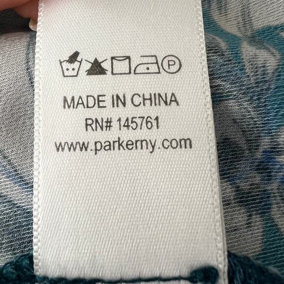 PARKER Blue White Top Floral Puff Sleeve Pleated Drawstring Split Neck Size XS - Picture 10 of 10